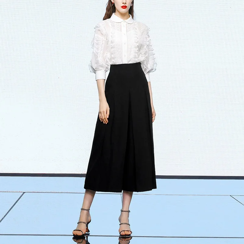 

ladies elegant office set 2021 summer white floral embroidery top+midi skirts two piece set women