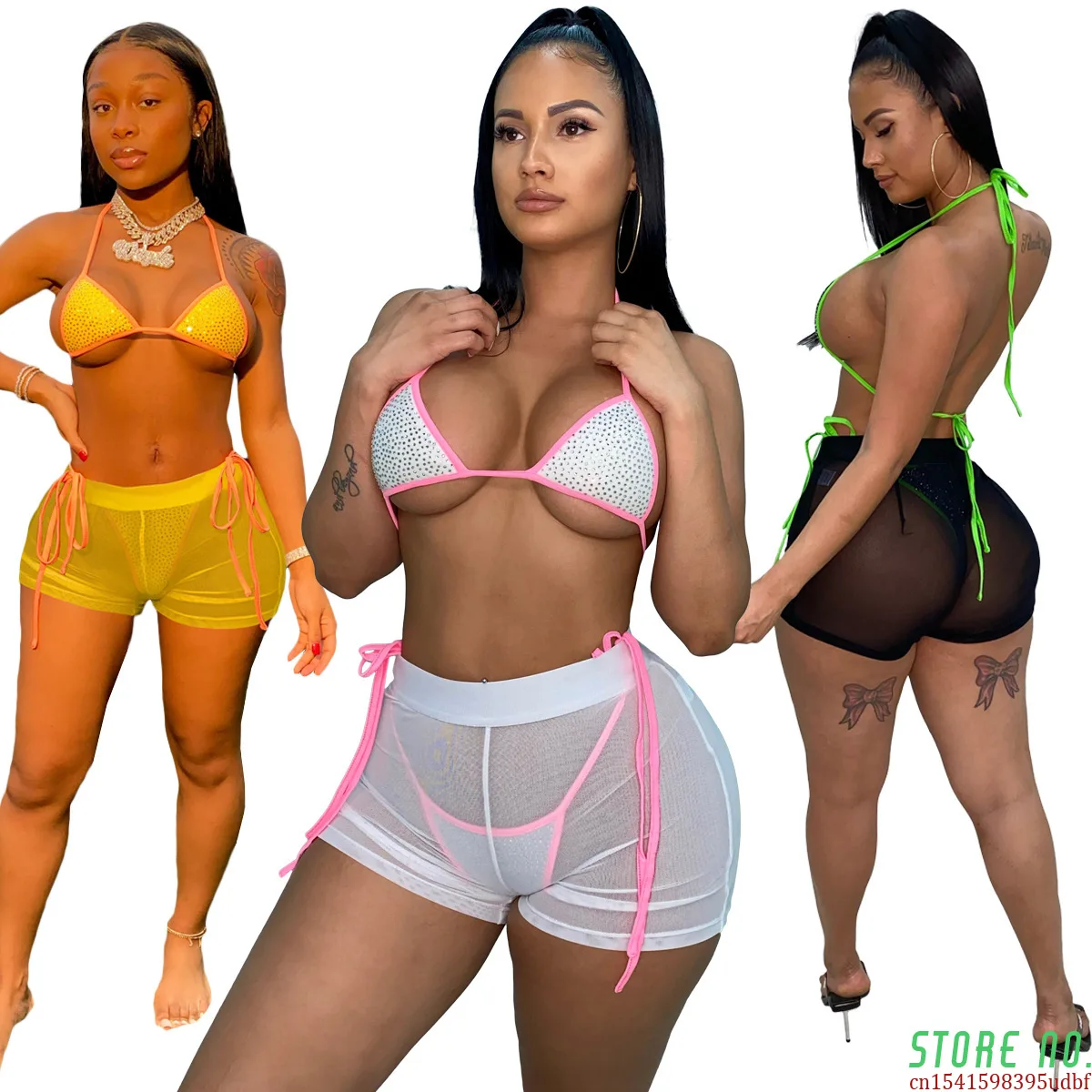

Sexy Diamonds Sheer Mesh Lace Up 3 PCS Bikinis Suit Push Up Swimwear Cover Up Biquini Bathing Suit Bra Thong Shorts Swimsuits