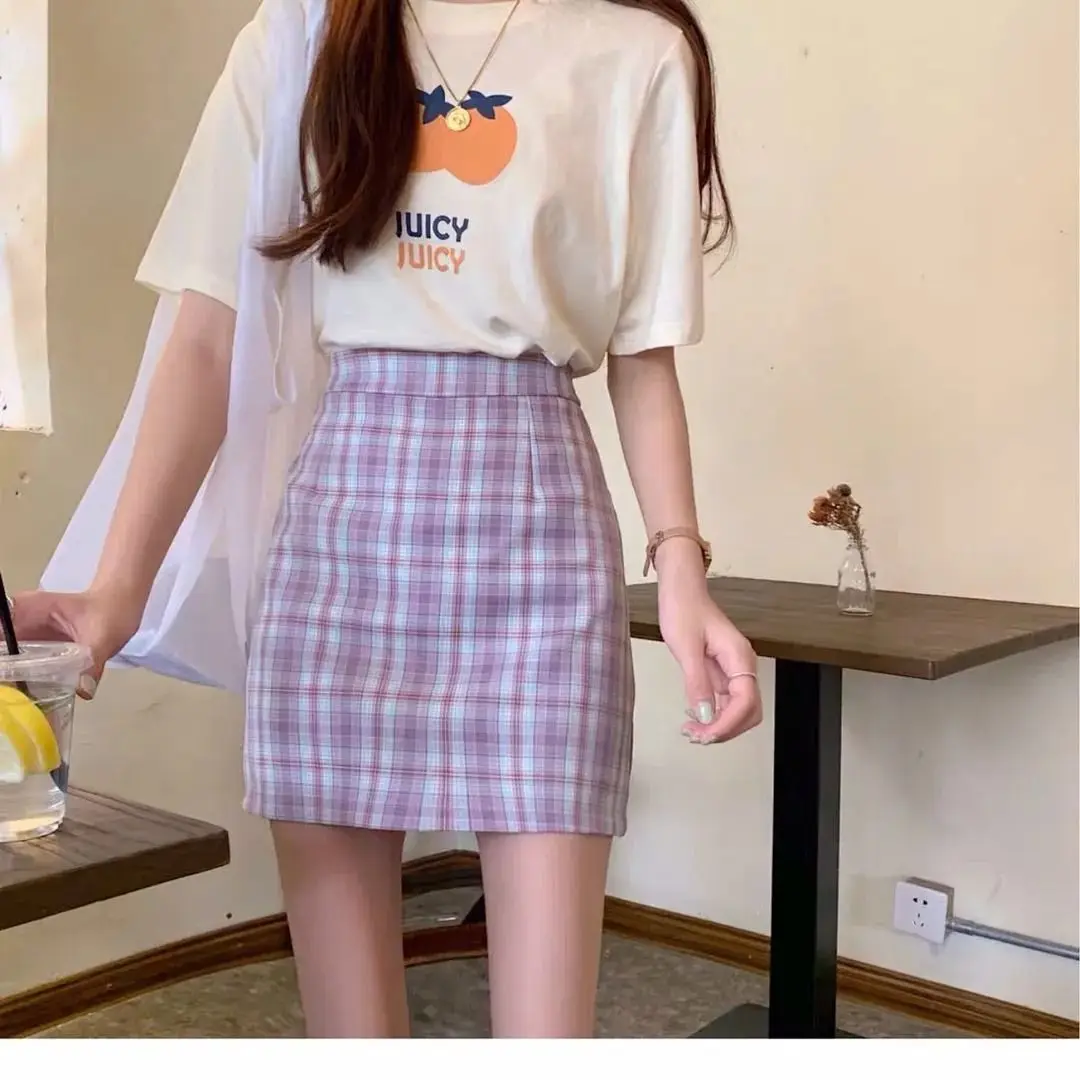 

Gentle Purple Plaid college style skirt women's spring and summer new women's high waist and thin A-line short skirt with