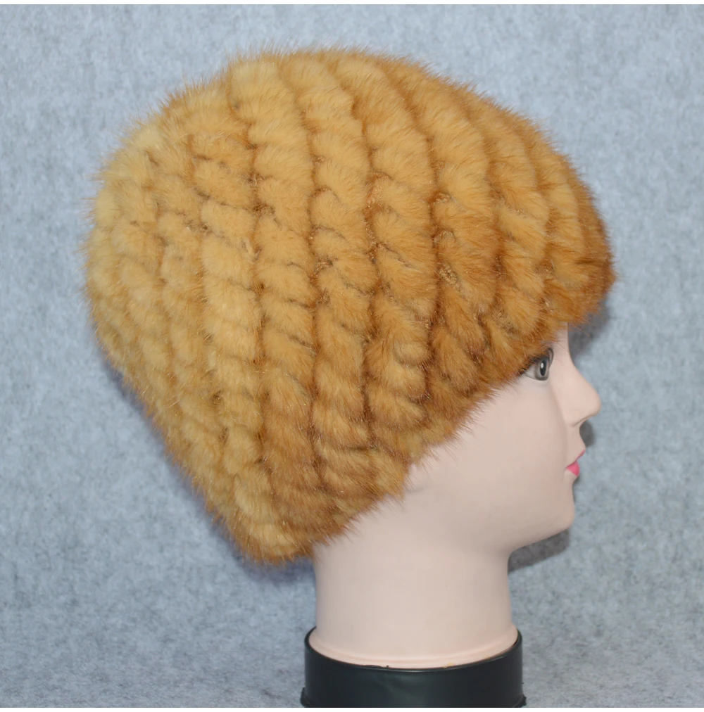 Cotton Lining Winter Lovely Real Mink Fur Hat Women Good Elastic Knitted Real Natural Mink Fur Beanies Caps Real Mink Fur Cap