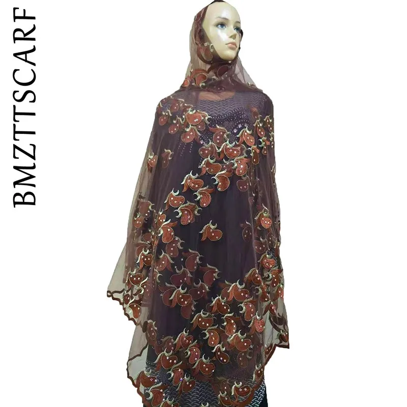 Color 15 African Women Scarf Good Quality Plain Embroidery with Stones Soft Net Scarf for Headscarf Wraps Pashmina BM805 - Цвет: Color 15