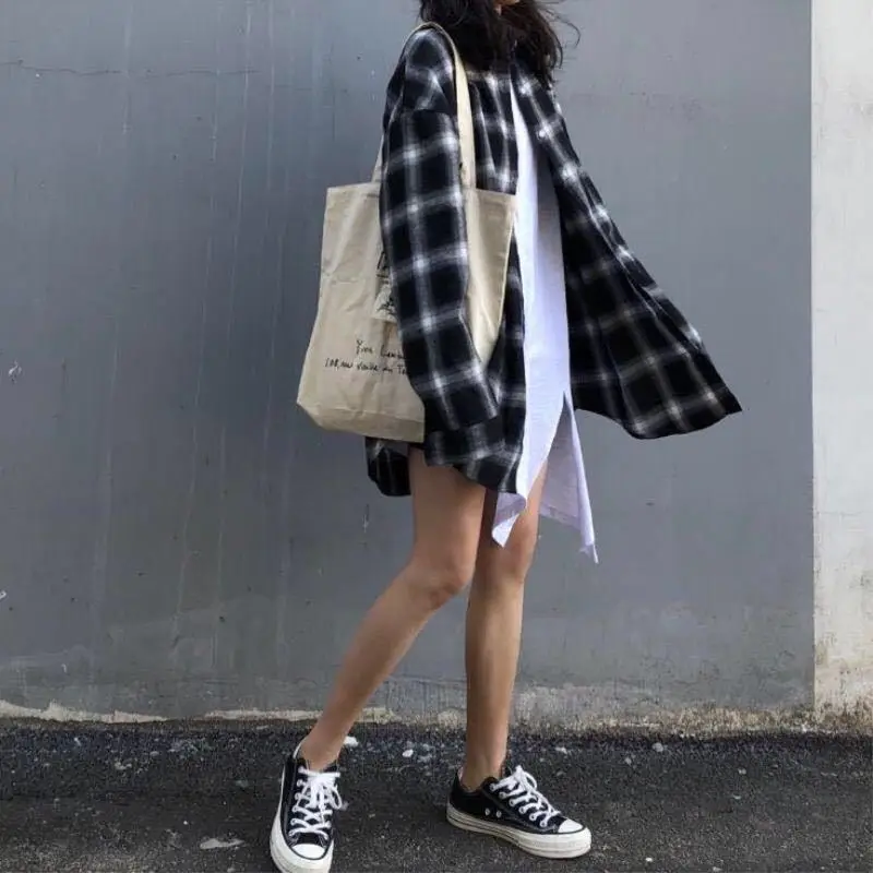 Рубашка женская клетчатая большого размера с длинным рукавом | Женская одежда