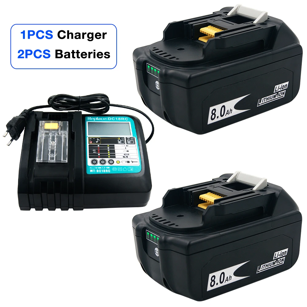 

2Pack BL1880B 8000mAh 18V Rechargeable Lithium Ion Batteryfor Makita Power Tool BL1850 BL1830 BL1860B LXT 400+ DC18RC Charger
