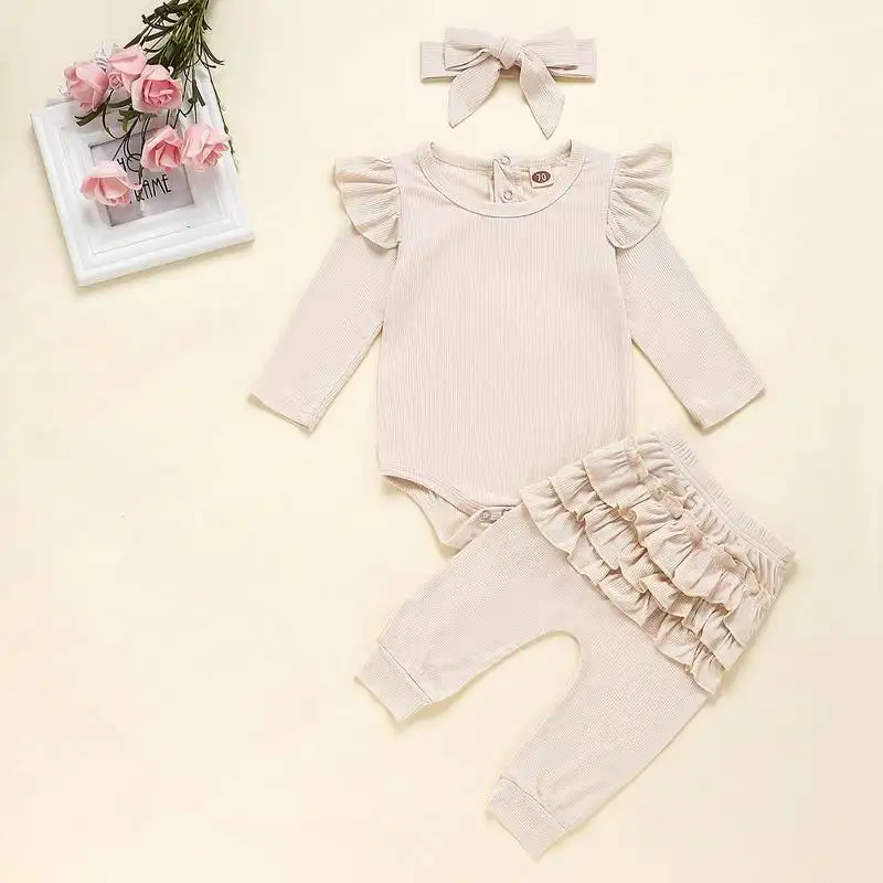 

Baby Girl Outfits 2020 Autumn new Cotton Long Sleeve Romper+Ruffled Pants+Headbands 3 PCS Set Girl Clothes E20202