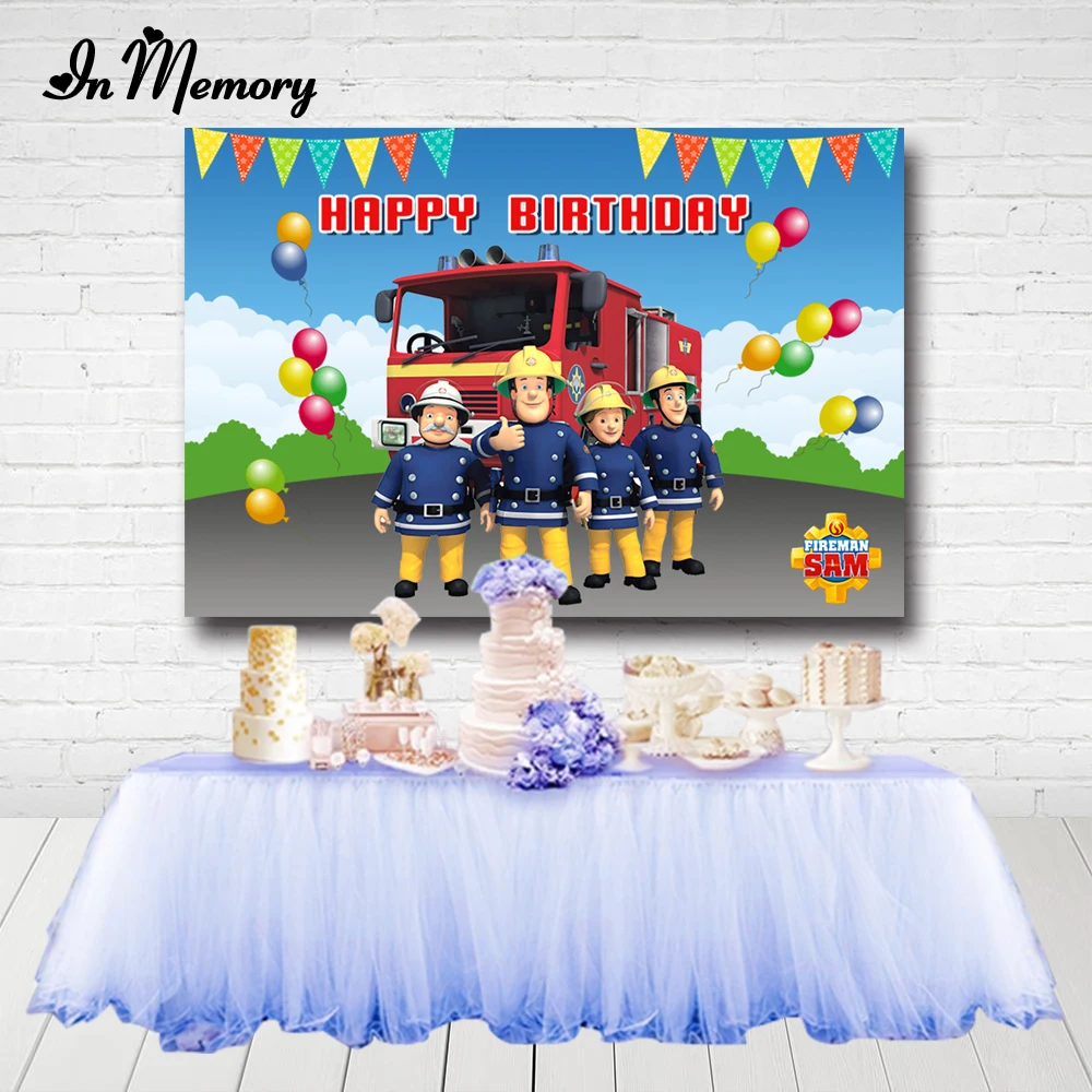 Фоны для фотосъемки с темой InMemory Fireman Sam флажки воздушные шары пожарный двигатель