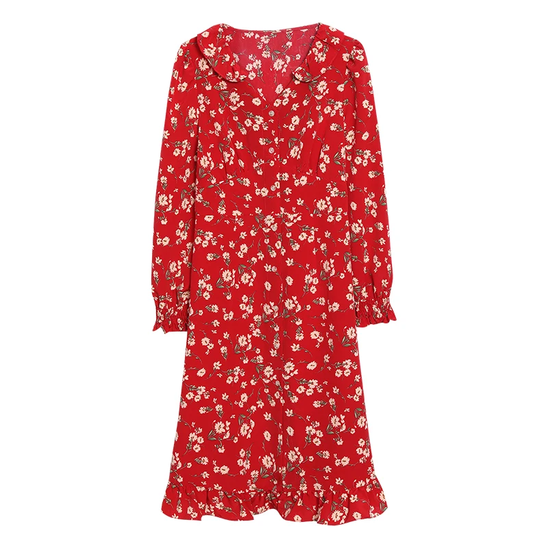 

2021 Autumn Winter Red Vintage Floral Midi Dress Korean 3XL Plus Size Boho Beach Casual Dresses Women Party Classy Sexy Vestido