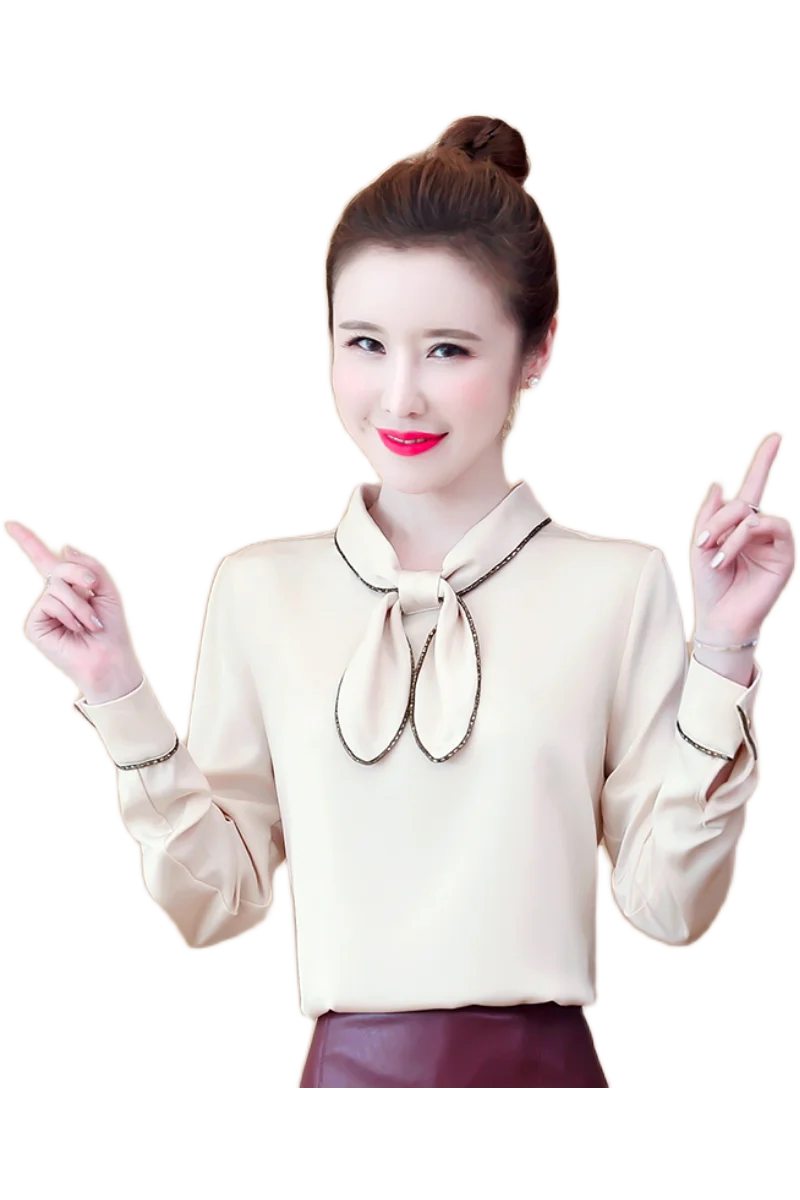 

Bow Chiffon Shirt Women's Long Sleeves 2020 Autumn Satin Small Fragrance Wind Top Bottomed Shirt Temperament Womens Tops