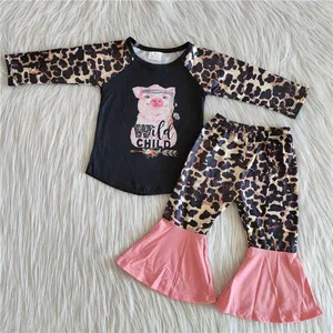 Baby Girls Wild Child Pig Printed Outfits Long Sleeves Top Bell Bottom Leopard Pants Kids Sets Children Clothes Boutique Baby Girls Wild Child Pig Printed Outfits Long Sleeves Top Bell Bottom Leopard Pants Kids Sets Children Clothes Boutique