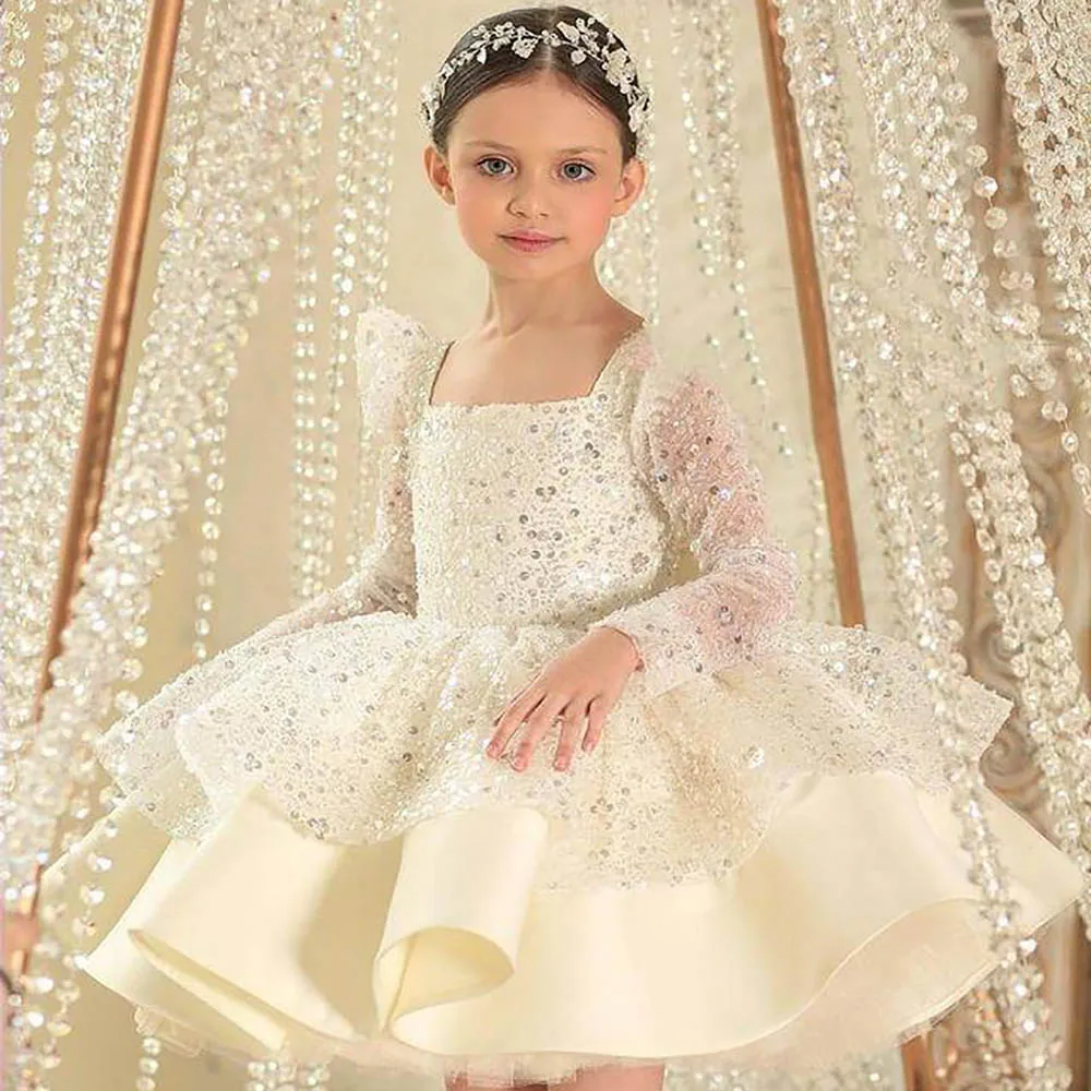 

Lilttle Kids Birthday Pageant Weddding Gowns Ivory Sequined Flower Girl Dresses Ball Gown Long Sleeves Short