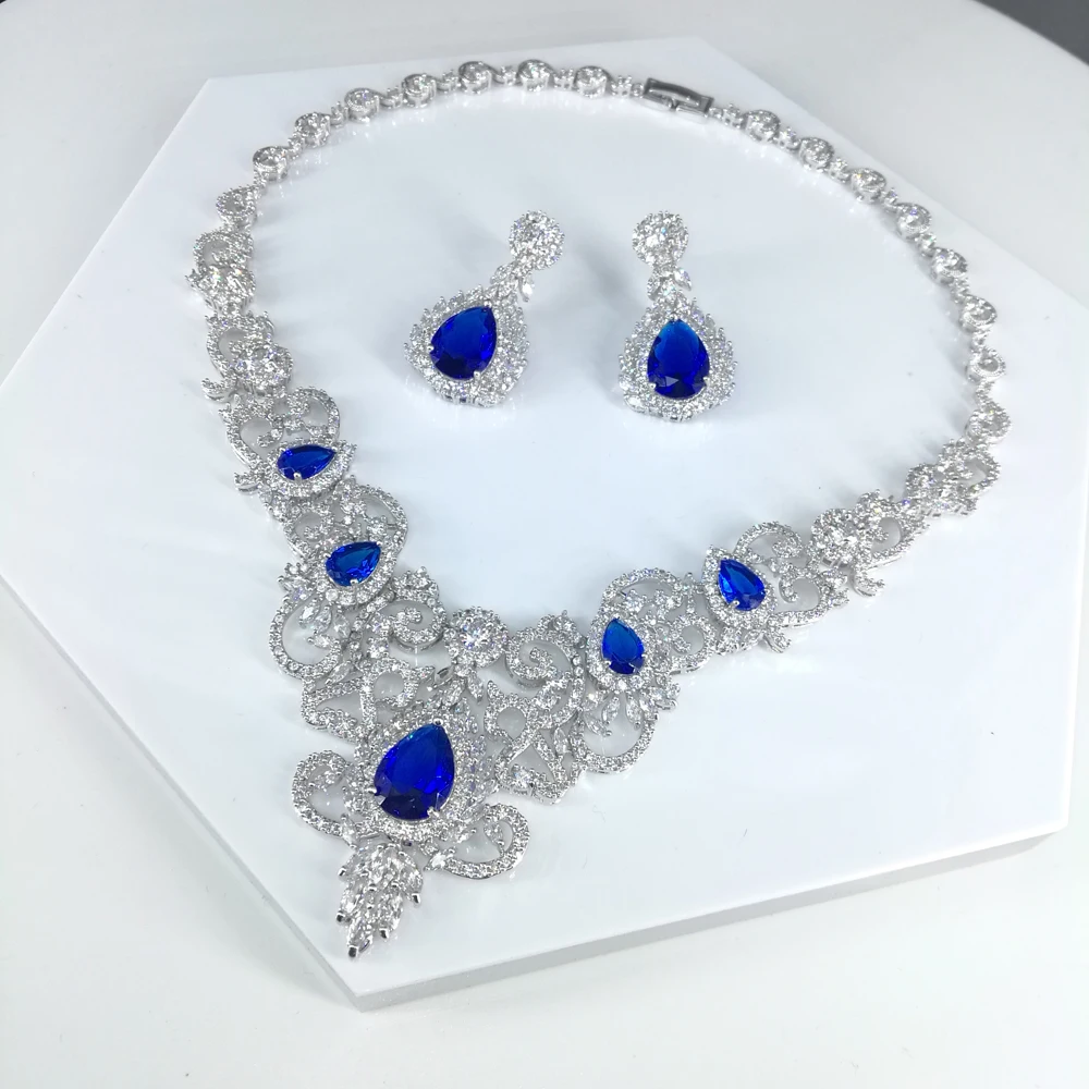 Горячая Распродажа новая мода винтажное голубое CZ циркониевое колье серьги