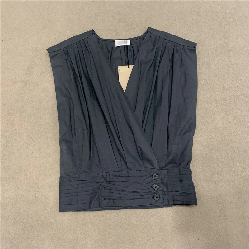 

Women Temperament V-neck Pleated Top Women's Sleeveless Short Waist Wrapped Shirt