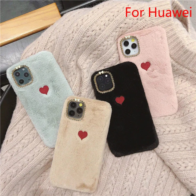 

Plush Fur Silicone Phone Case For Huawei P40 Pro P30 Lite P20 Mate 40 30 20 10 Nova 7 8SE 7SE 7I 3I 5T Luxury Glitter Love Cover