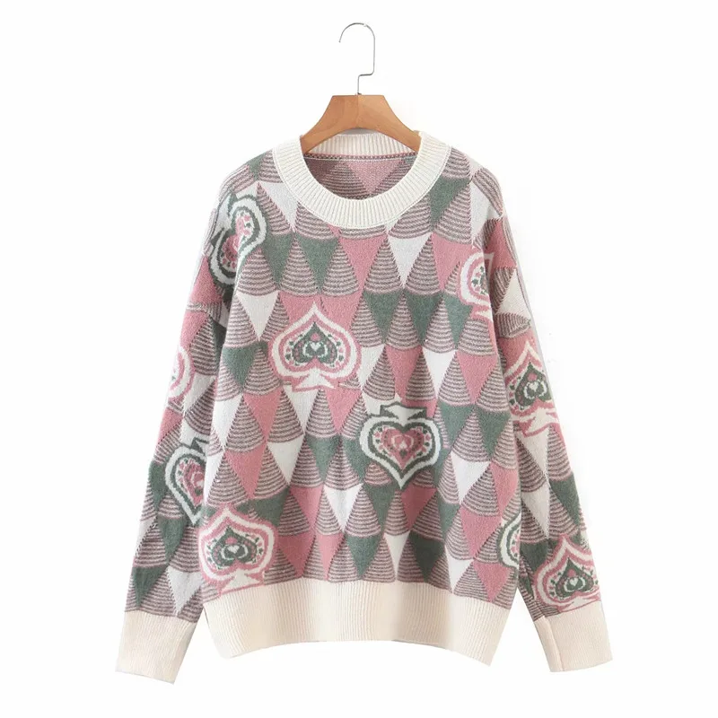 

Merodi Women Fashion Poker Heart Knitted Jacquard Pullover Female Casual Long Sleeve Autumn Winter Thick Long Sweaters Oversize