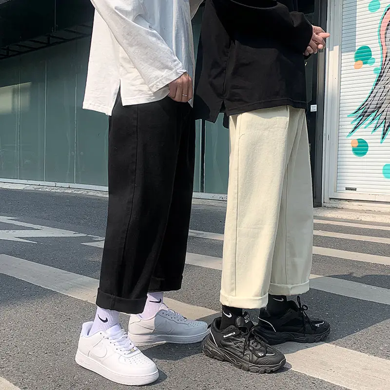 

Cotton Wide-leg Jeans Men's Fashion Casual Solid Color Retro Jeans Men Streetwear Loose Hip-hop Straight Denim Pants Mens M-2XL