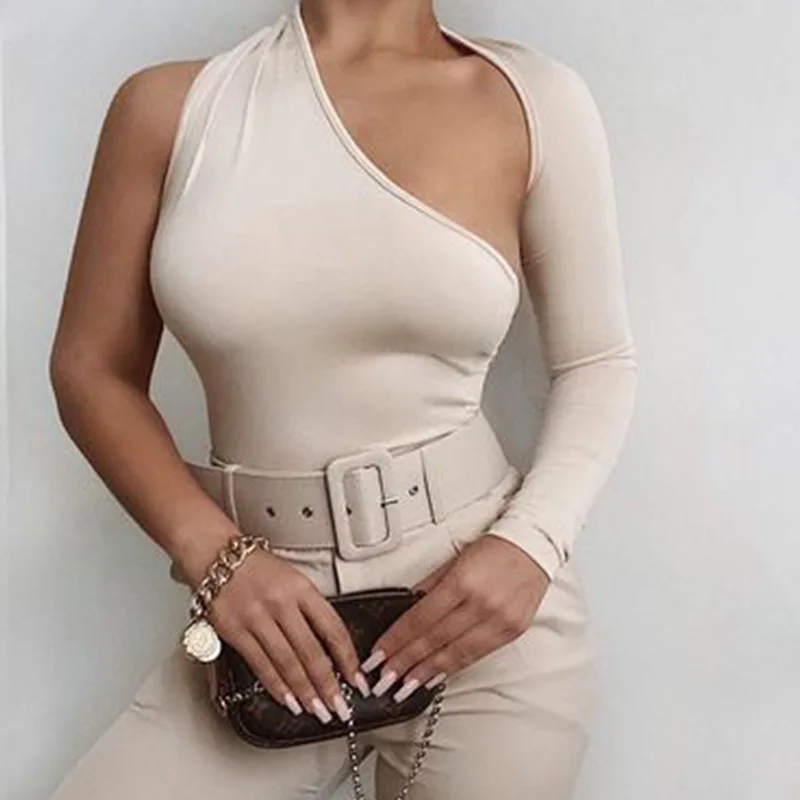 Woman Sexy Bodycon Jumpsuit 2021 Long Sleeve One Shoulder Slim Winter Bodysuit Tops Ladies Europe and America Skinny Body Suits