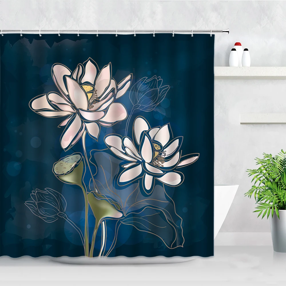 

Lotus Waterproof Fabric Bathroom Shower Curtains Green Leaf Pink Flowers Scenery Oil Painting Art Modern Home Decor Bath Curtain