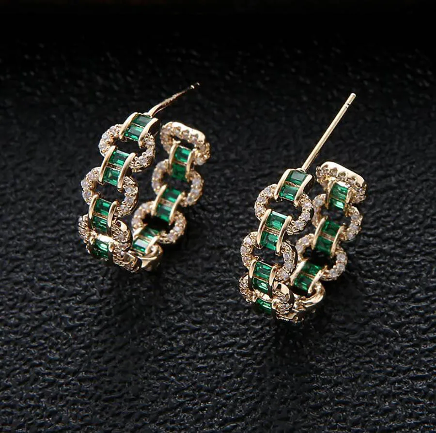 

C-shaped small circle luxury earrings oval buckle exaggerated gorgeous women green rhinestone ladies classic eardrop