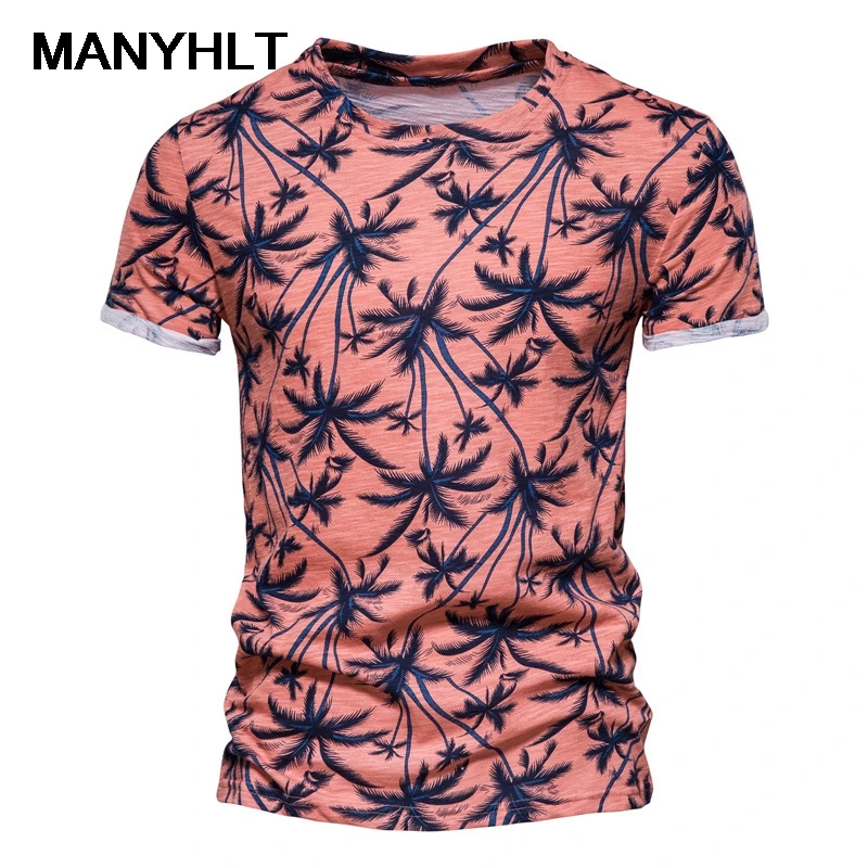 

Summer New Coconut Tree Print Men's T-shirt Trend Pure Cotton Round Neck Fashion Casual Men's Short-sleeved High-quality Top
