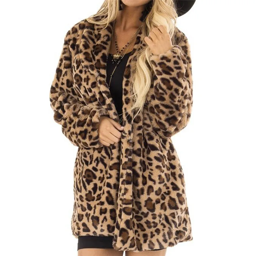 Пушистая Женская куртка с леопардовым принтом повседневное пальто длинным