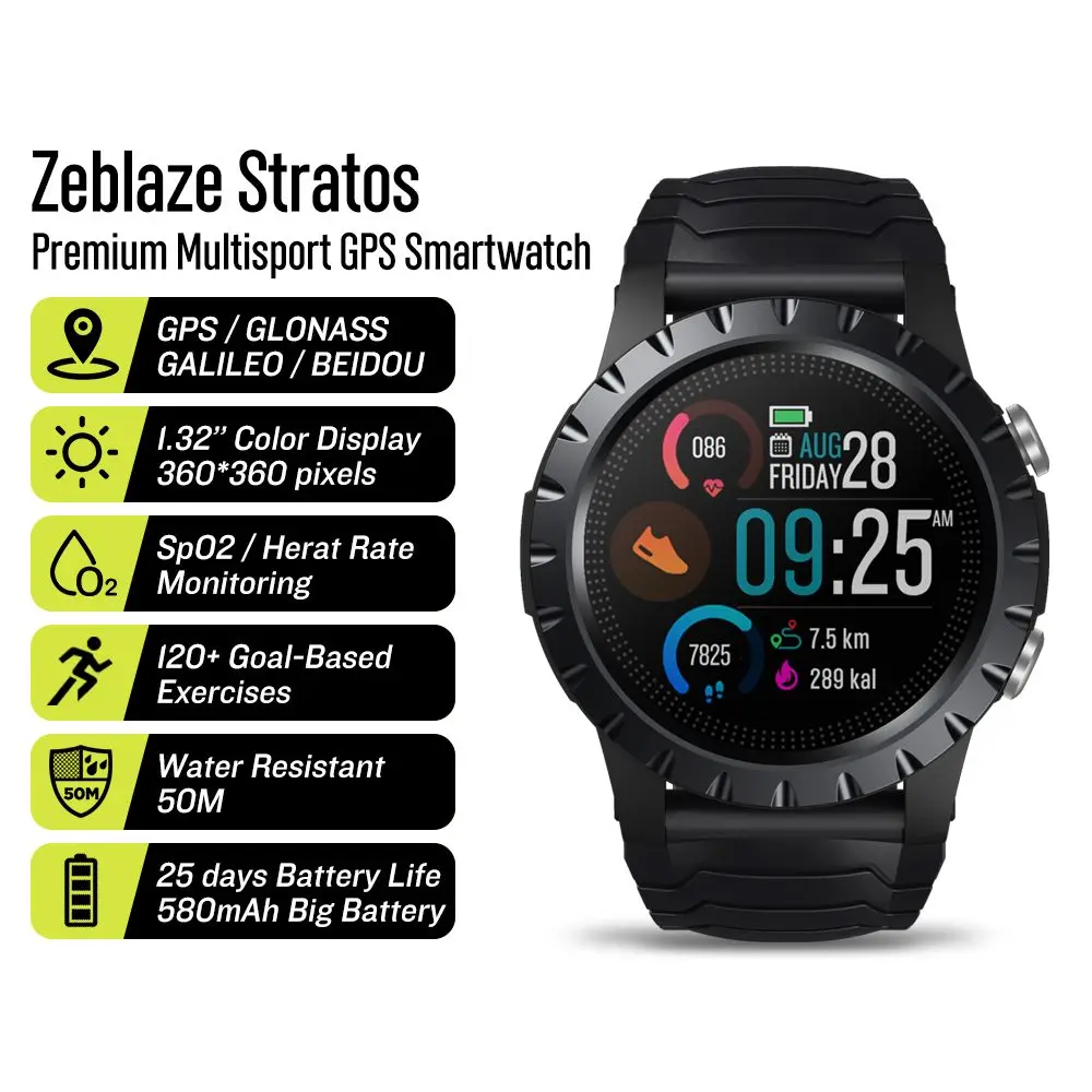 Zeblaze Stratos GPS Watch Built-in 4-Satellite/3-Modes GPS Heart/SpO2/VO2max/Stress 25days Battery Life GPS Smartwatch Men Women