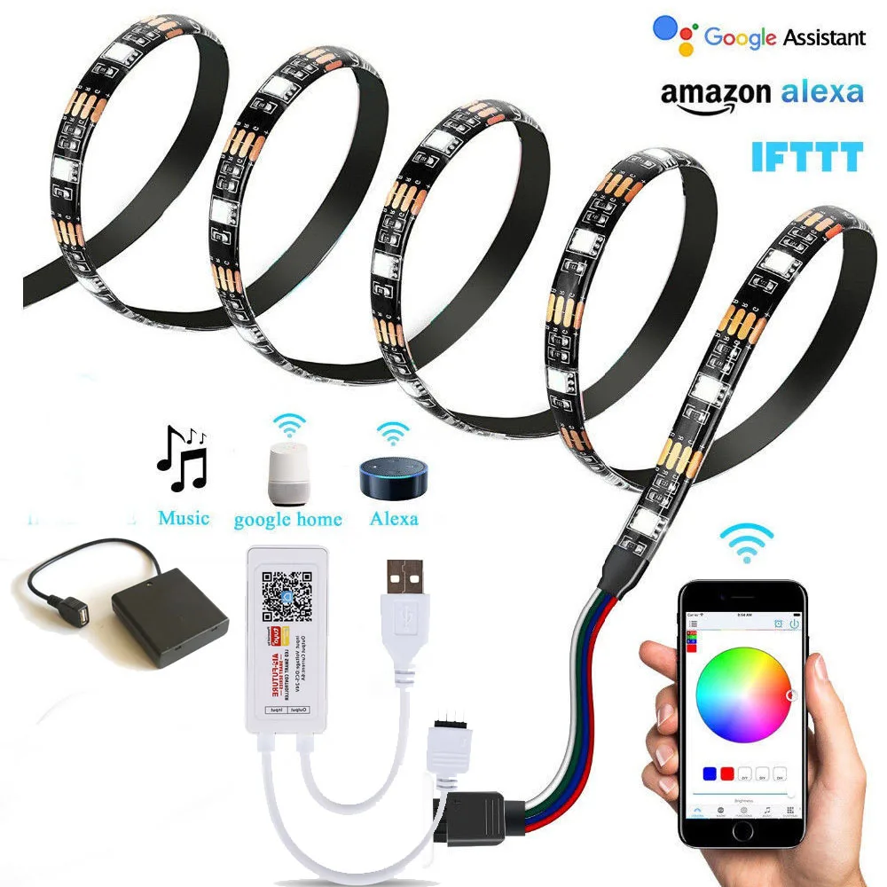 TUYA Wi Fi светодиодные ленты светильник RGB 5050 SMD 5V гибкая лента USB / 4AA Батарея полосы