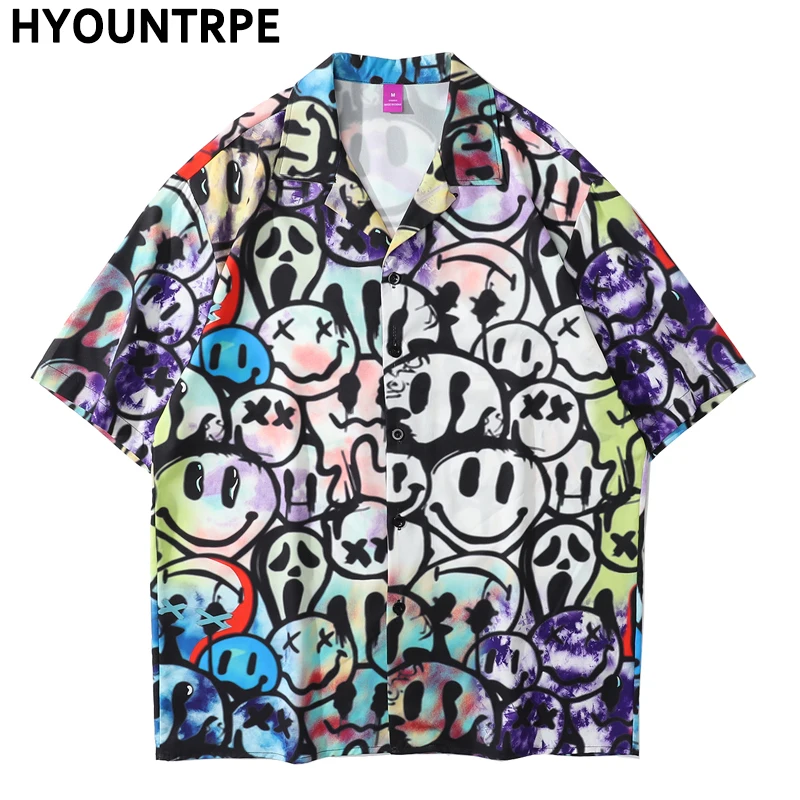 

Men Harajuku Smile Face Printed Shirt Casual Button Up Vintage Shirt Tops Hip Hop Loose Harajuku Streetwear Hawaiian Beach Shirt