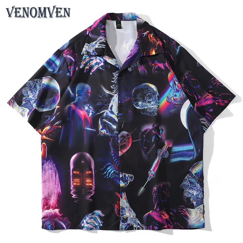 

Harajuku Vintage Tech Mechanical Pattern Hawaiian Shirt Men's SMS Thin Oversized Punk Rock Beach Shirt Women's Street Grunge