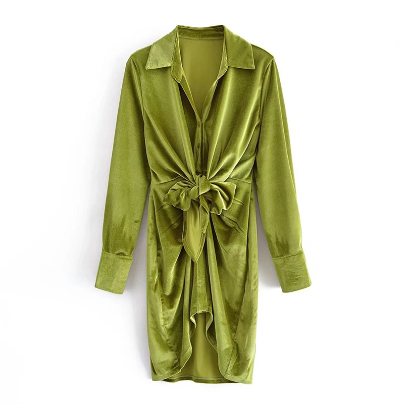 

Модное женское бархатное платье-рубашка на шнуровке спереди YENKYE, зимнее мини-платье с длинным рукавом и воротником с лацканами, женское сек...