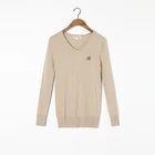 Кашемировый шерстяной свитер для женщин, высокое качество, v-образный вырез, бежевый, с буквенной вышивкой, свитера, пуловер, женская теплая мягкая однотонная натуральная ткань