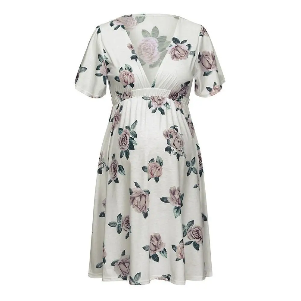 Летняя одежда для беременных женщин платье с коротким рукавом цветами Одежда