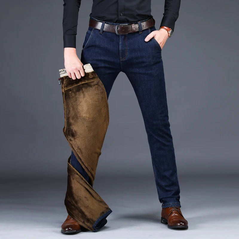 Brand Winter New Men's Warm Fleece Jeans Business Casual Elasticity Thick Slim Denim Pants Brand Trousers Black Blue