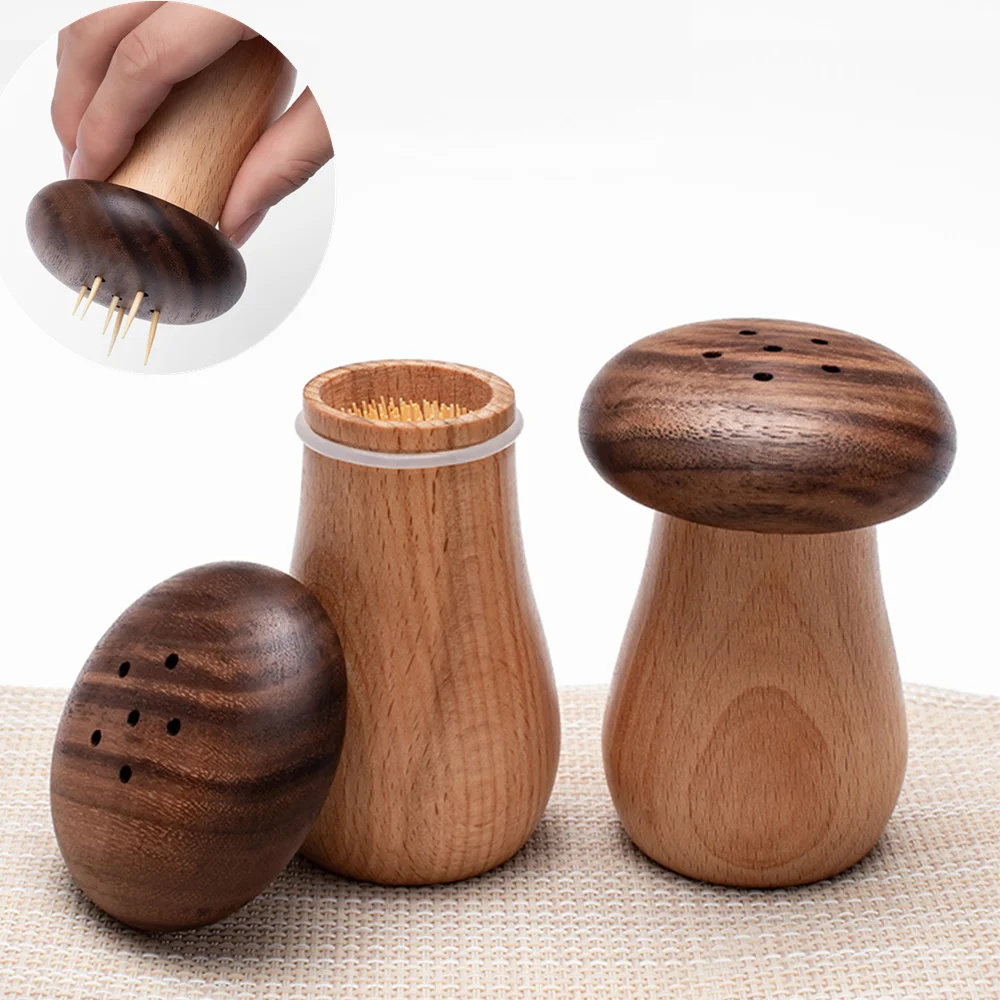 

Mushroom Toothpick Holder Automatic Toothpicks Dispenser Container Wooden Toothpick Holder Kitchen Storage Box Case Home Decor