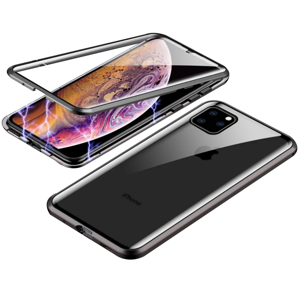 Магнитное закаленное стекло чехол для iPhone 11 Pro X XS MAX XR 8 7 металлический бампер Магнитный чехол для samsung Galaxy Note 10 S10 Plus - Цвет: Transparent Black