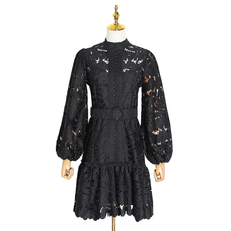 

Court style early fashion lace stitching belt hollow decal short temperament slim dress women