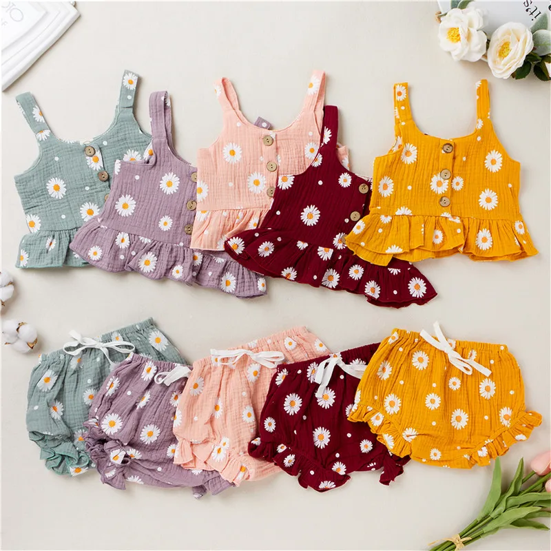 Baby Girl 2Pcs Clothes Suit Daisy Flower Printed Sleeveless Ruffled Hem Tank Tops with Triangle Shorts for Summer Wear Cute