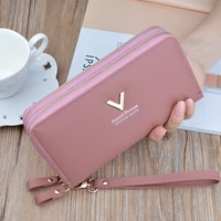 womens wallet double zipper top quality pu leather female long solid color coin purses ladies wristband card holder clutch bag