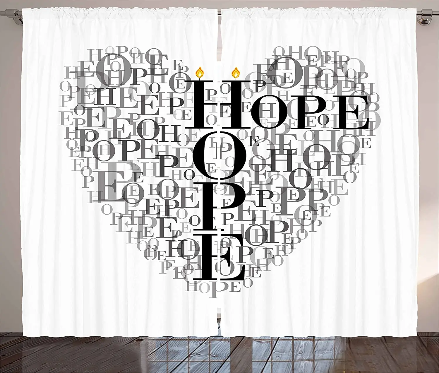 

Hope Blackout Curtains Heart Shaped Hope Words Romantic Illustration with Candles Digital Art Windows Curtain