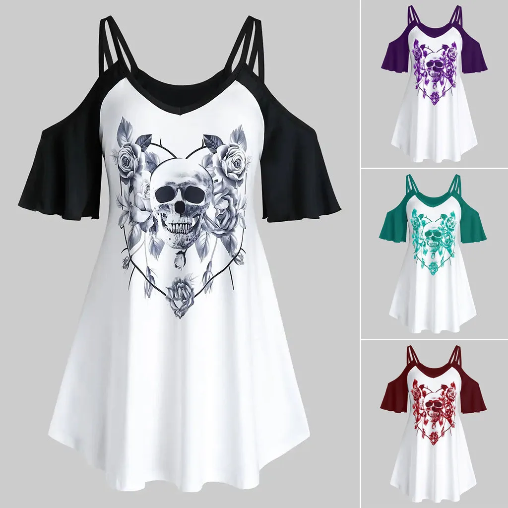 

Women Tops Skull Flower Print Plus Size Shirt Open Shoulder Tee Shirt Tops blusas mujer