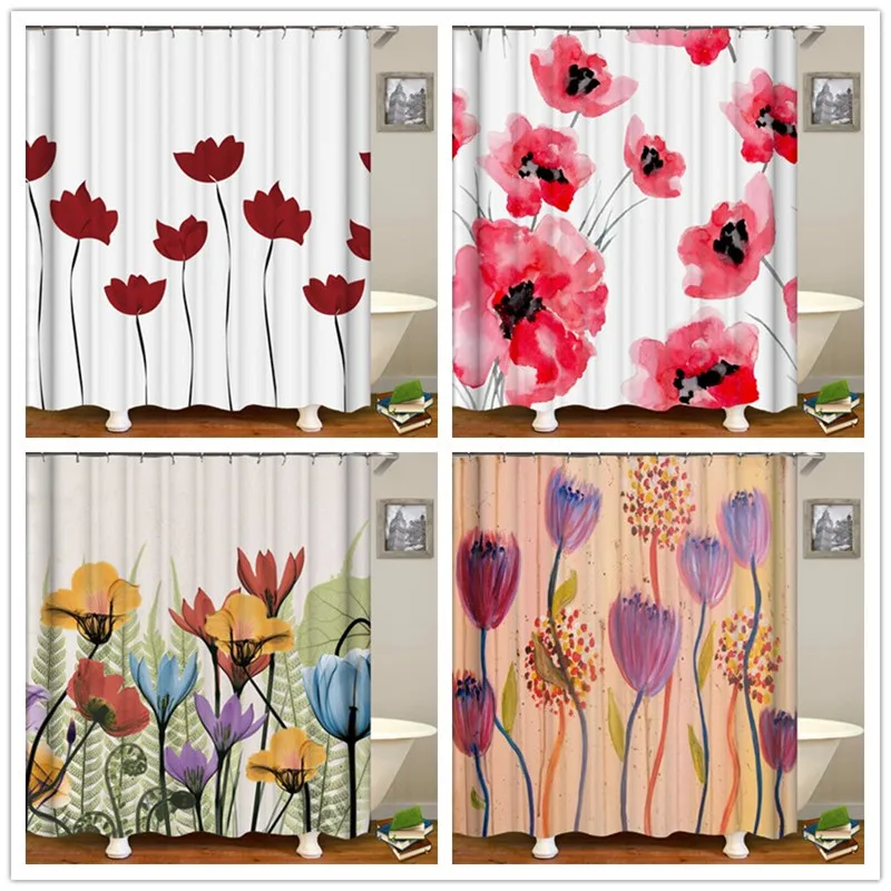 

Beautiful Colorful Tulip Flowers Shower Curtain Bath Mat Waterproof Bathroom Curtains Custom Size Shower Curtain