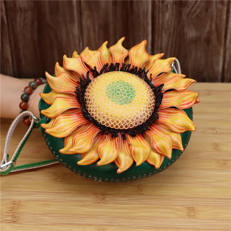 Кожаная сумка через плечо с трехмерным цветком подсолнуха солнце круглая на