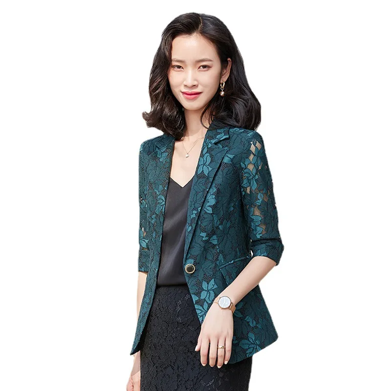Lace coat women's blazer 2021 spring summer new fashion green thin women office jacket girl half sleeve