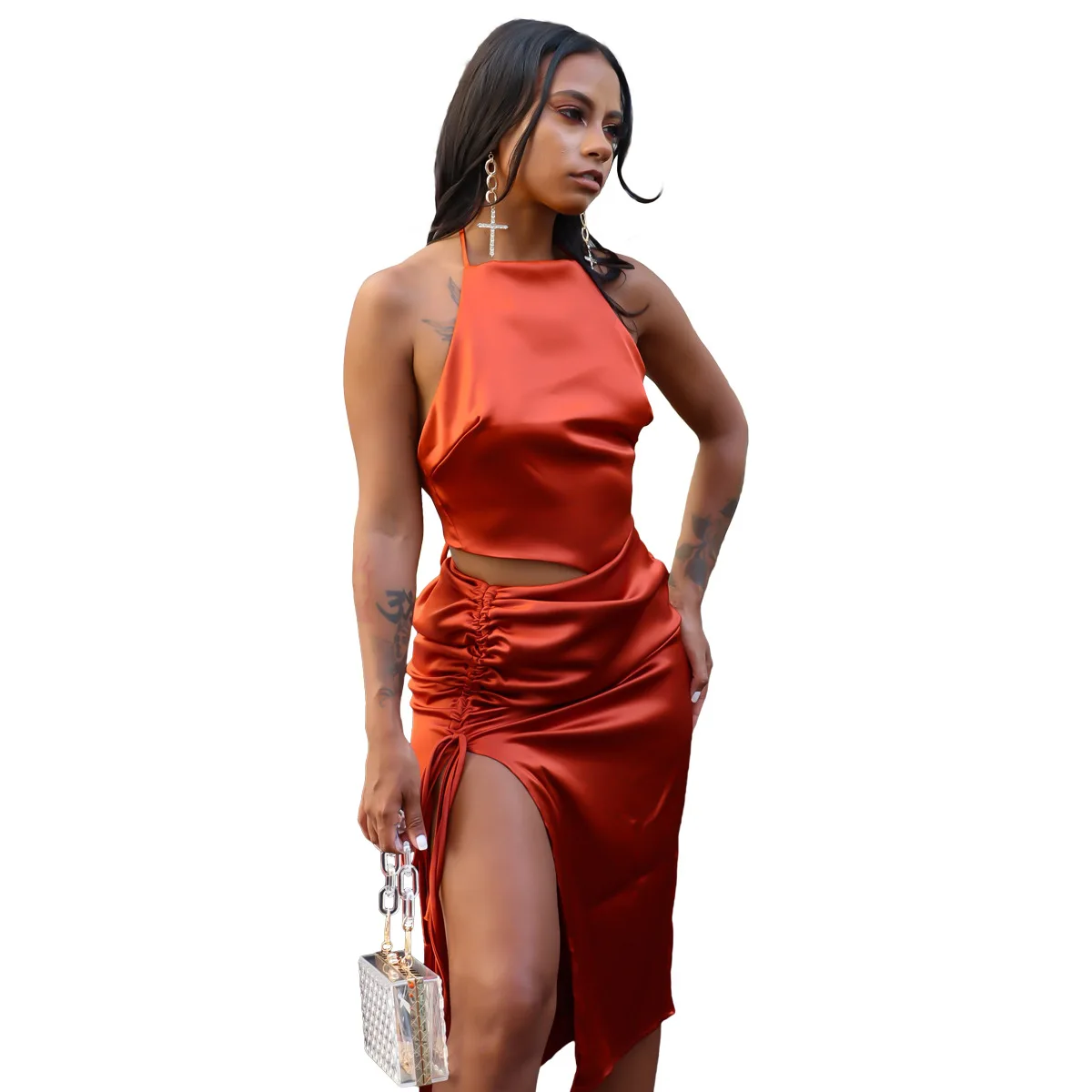 

Casaul Women Skirt Two Piece Set Solid Color Crop Tank Top And Split Out Dress Solid Color Party Night Tracksuit Women Outfit