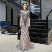 janevini 2020 dubai champagne gray sexy mermaid long evening dresses cap sleeve luxury beading tassel tulle formal dress jurkjes