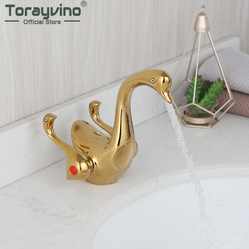 

Torayvino Luxury Gold Polished Swan Bathroom Basin Sink Tap 2 Handles Deck Mounted Wash Basin Widespread Faucet Mixer Water Tap