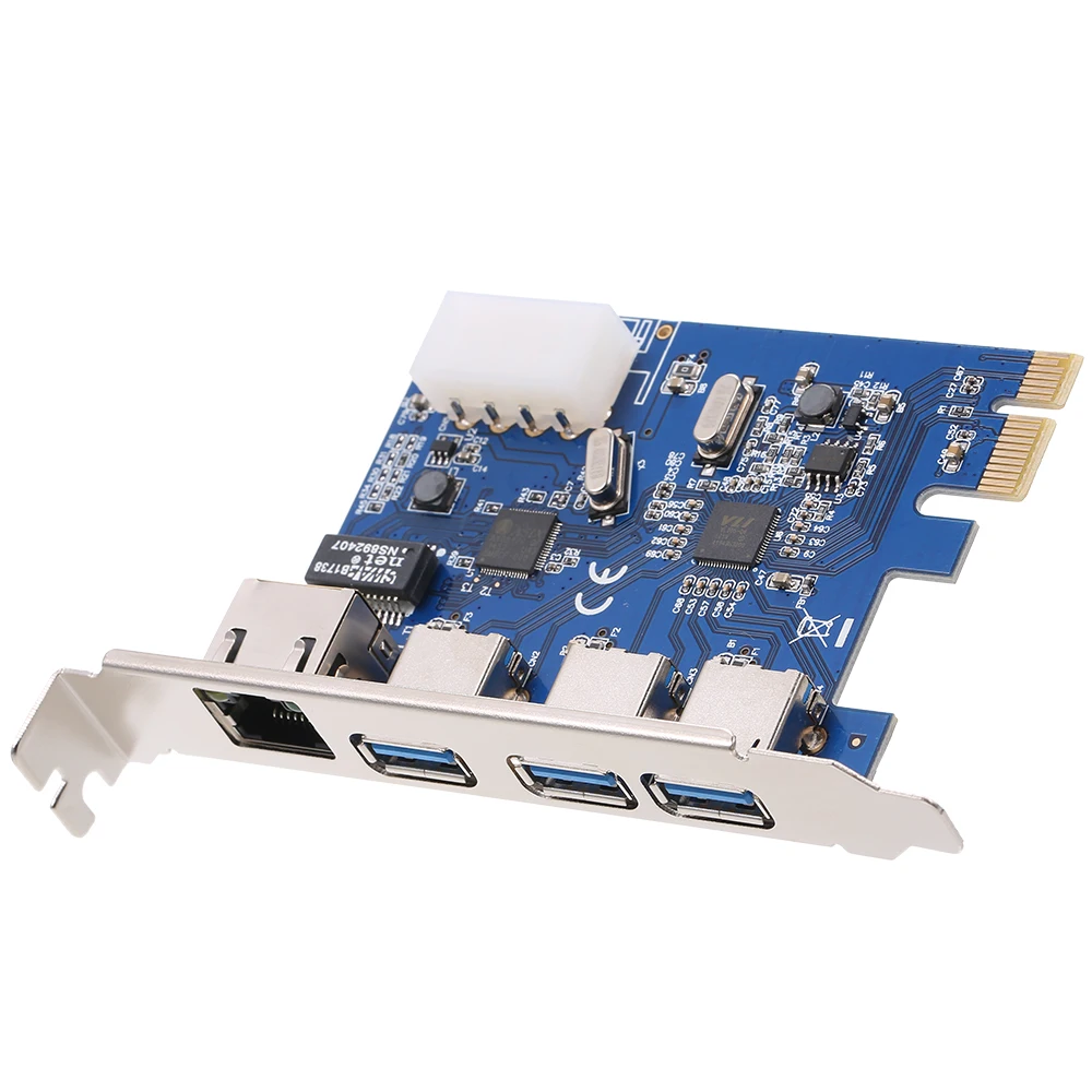 

PCI-E to USB3.0 Expansion Card 3 USB3.0 Ports 4Pin Power Supply and Gigabit High Speed Network Support PCI-E 1x / PCI-E 4x