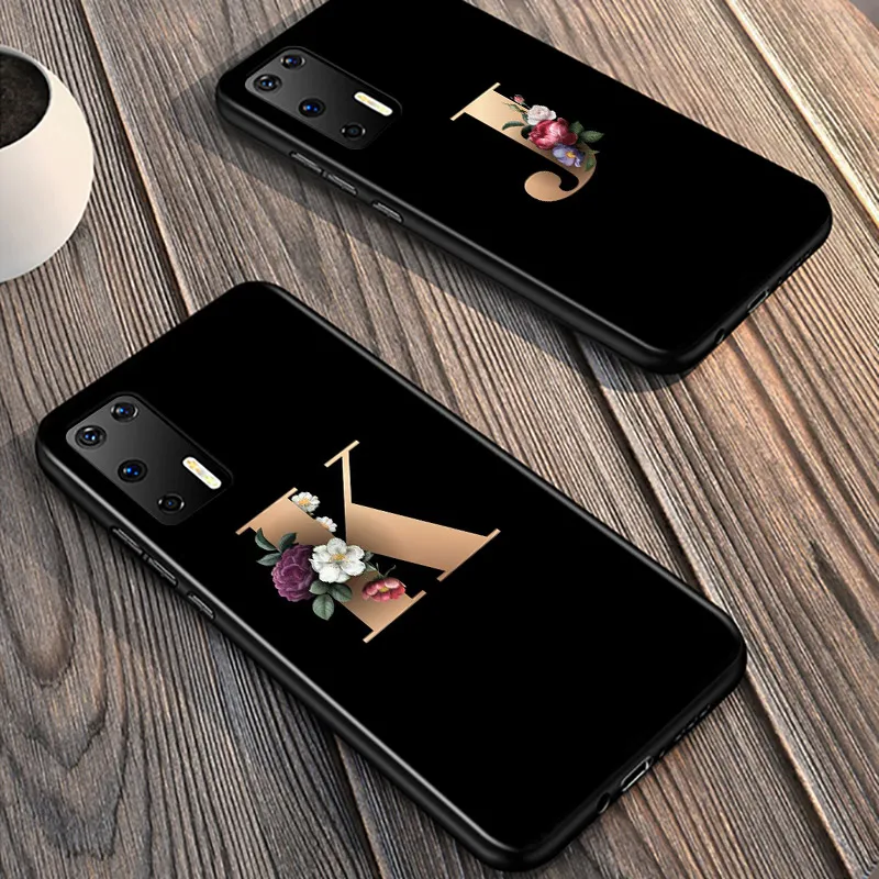 

Letter Alphabet Flowers For Huawei P40 P30 P20 Pro P10 P9 P8 Lite E Plus 5G 2019 Phone Case Bright Black Silicone Cover
