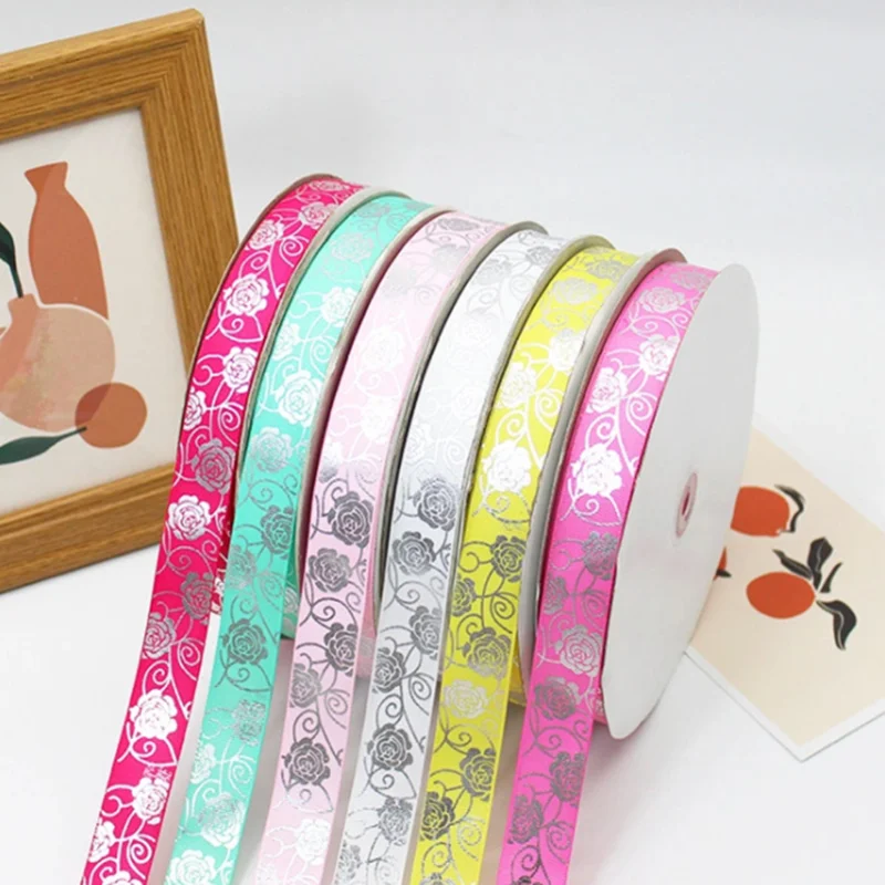 

HL 5 Yards 25MM Hot Silver Grosgrain Ribbon Rose Printing DIY Handmade Gift Box Hair Accessories Material Packaging Belt