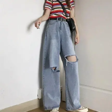 

Fashion High-waisted Radish Pants Korean Style Straight-leg Jeans with Holes In Womens Loose Wide-leg Light Color Casual Pant