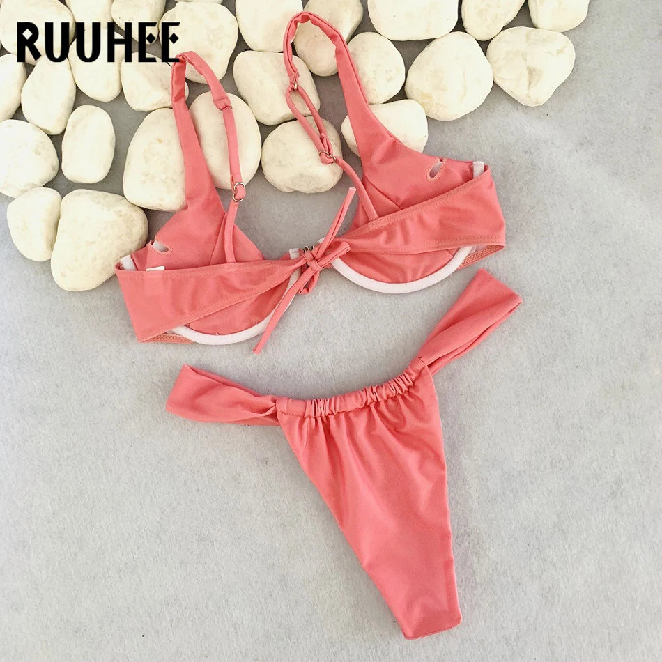 RUUHEE, сексуальный Одноцветный бикини, женский купальник, купальник, женский, с пряжкой спереди, купальный костюм с пуш-ап, с накладкой, бикини, набор, высокое качество, пляжная одежда