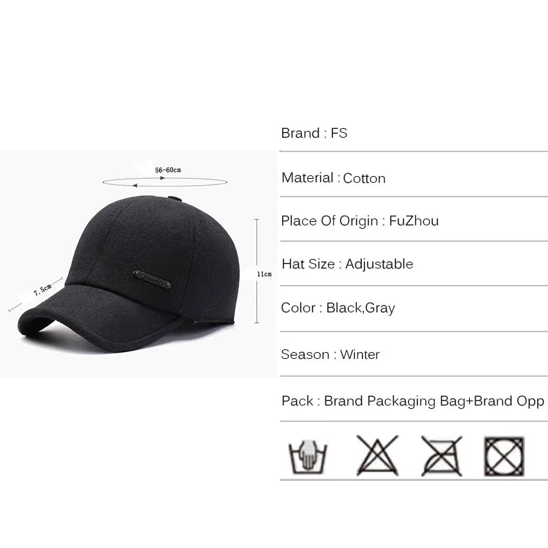 

FS Winter Outdoor Ear Protection Baseball Cap For Men Women Warm Earflaps Black Gray Cotton Dad Hat Gorras Hombre 2019